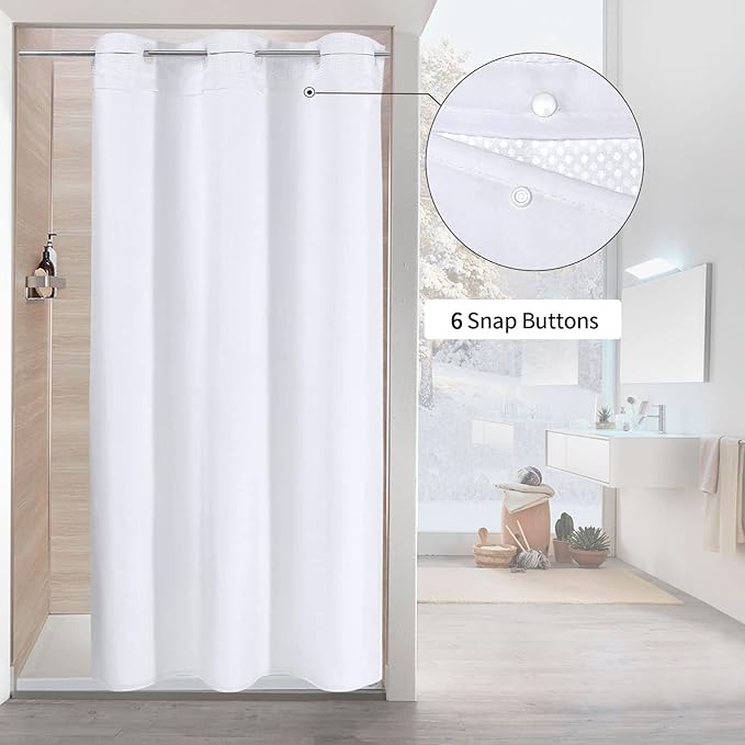 MitoVilla White Waffle Small Stall Shower Curtain 36 x 74, No Hooks Required Half Size Narrow Fabric Shower Curtain Set with Snap-in Liner for Modern Bathroom Decor
