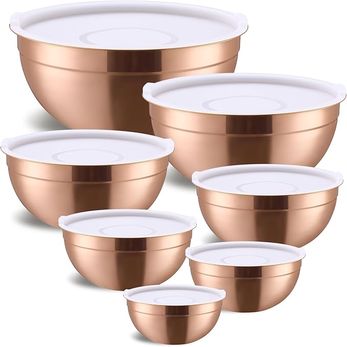 Rose Gold Mixing Bowls with Airtight Lids, Stainless Steel Nesting Mixing Bowls Set of 7, Ideal for Baking, Prepping and Serving Food, Size 7, 3.6, 2.7, 2.1, 1.5, 1.1,0.8 QT, Stackable Design