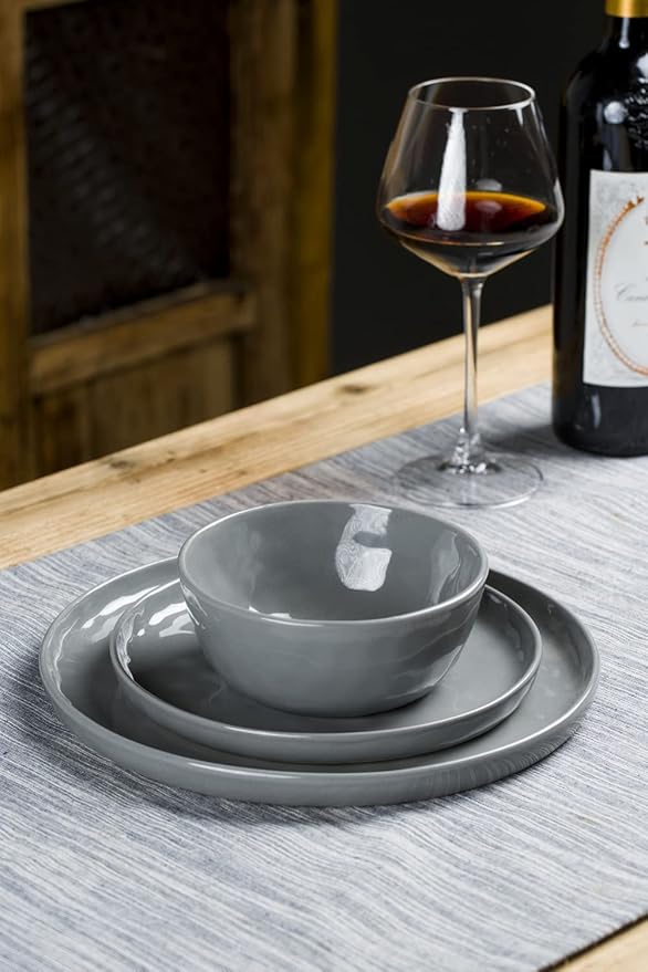 Famiware Mars Plates and Bowls Set, 12 Pieces Dinnerware Sets, Dishes Set for 4, Dark Gray