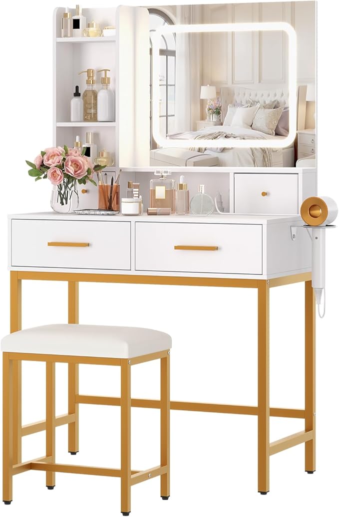 Garvee Vanity Desk, Makeup Vanity Desk with Mirror and Lights 3 Colors, Dressing Table with Chair, Makeup Table Set with 4 Drawers, Power Outlet & Storage Shelves, for Bedroom (White)