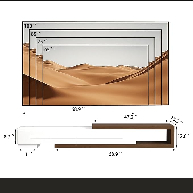 82-115" W Extendable TV Stand for TVs up to 120", Wood Modern Entertainment Center with 2 Large Drawers, Media Console Table for Living Room, White