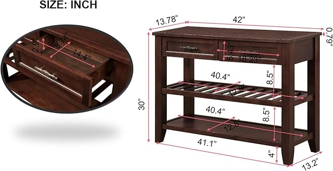 42inch Mid-Century Wood Console Table with 2 Drawers and 2 Bottom Shelf Sofa Table Solid Wood Sideboard(Espresso)
