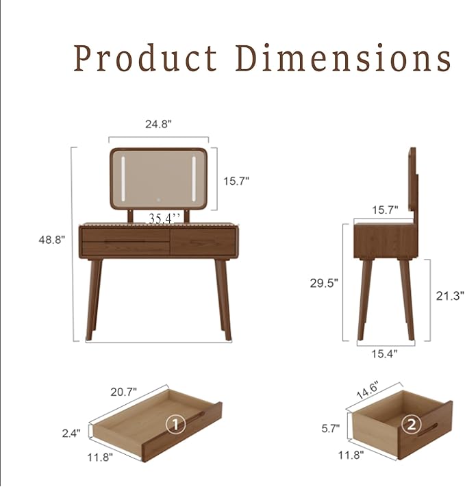 KungFuWood Natural Wooden Make up Table with Lighted Mirror,Soild Wooddressing Table with 3 Lighting Modes Brightness Adjustable,Drawers,Height Adjustable Mirror,Bedroom,Woman, Girl