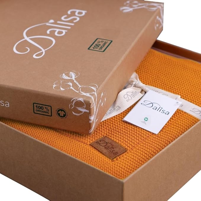 Dalisa 100% Organic Turkish Cotton Throw Blanket - GOTS Certified, Cozy - Perfect for Couch, Bed, and Home Decor - Boho Vintage Knit Alina (Saffron Gold, 50x60)