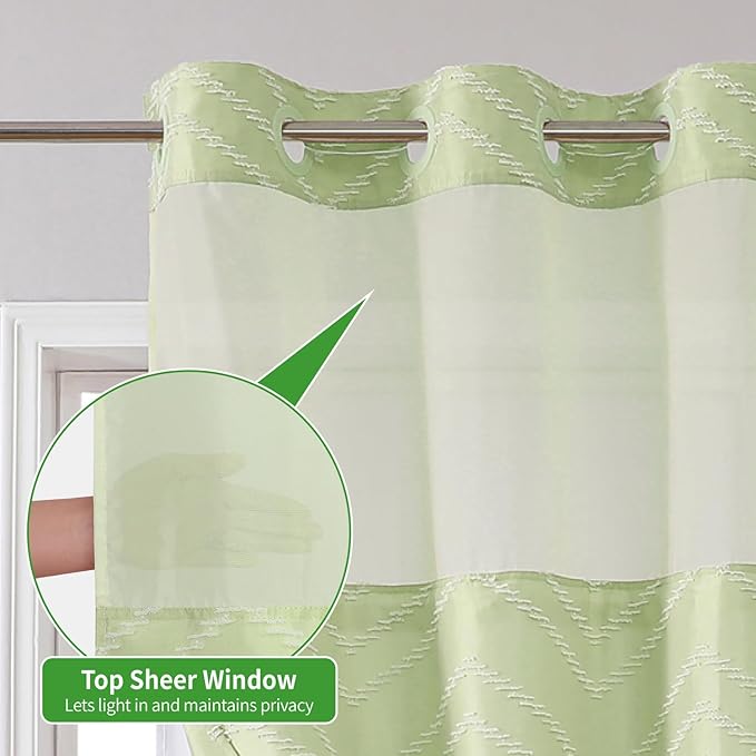 Extra Long No Hook Boho Shower Curtain with Snap-in Fabric Liner Set,71x86,White Woven Fabric Tufted Chevron Striped Design,Modern Chic Minimalist Bathroom Curtain,71x86,Sage Green