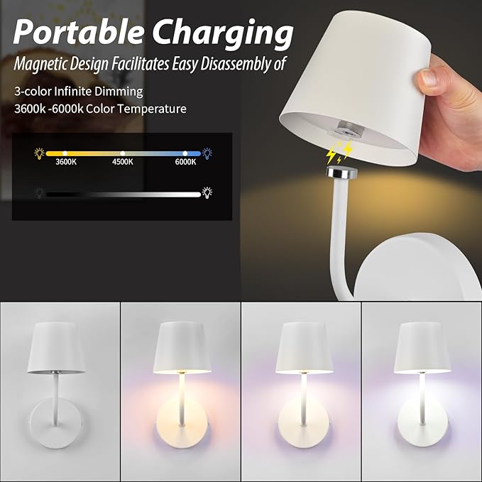 LED Wireless Wall Lamp Set of 2, with 5600mAh Rechargeable Battery Powered Wall Sconces, Touch for Remote Control Infinite Dimming Be Used for Bedroom Mirror Living Room Wall Painting (White)