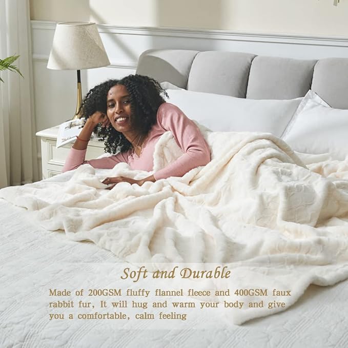 Krifey Oversized Faux Fur Blanket, Super Soft Cozy Blanket, Luxury Fluffy Throw Blanket Fuzzy Bed Throw, Plush for Women, Cream 60" x 80"