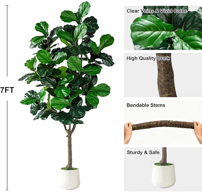Artificial Fiddle Leaf Fig Tree 7ft with White Planter Realistic Fiddle Leaf Lyrata Plant Tall Fake Tree with Natural-Looking Leaves Fake Tree for Indoor Outdoor Home Office Decor