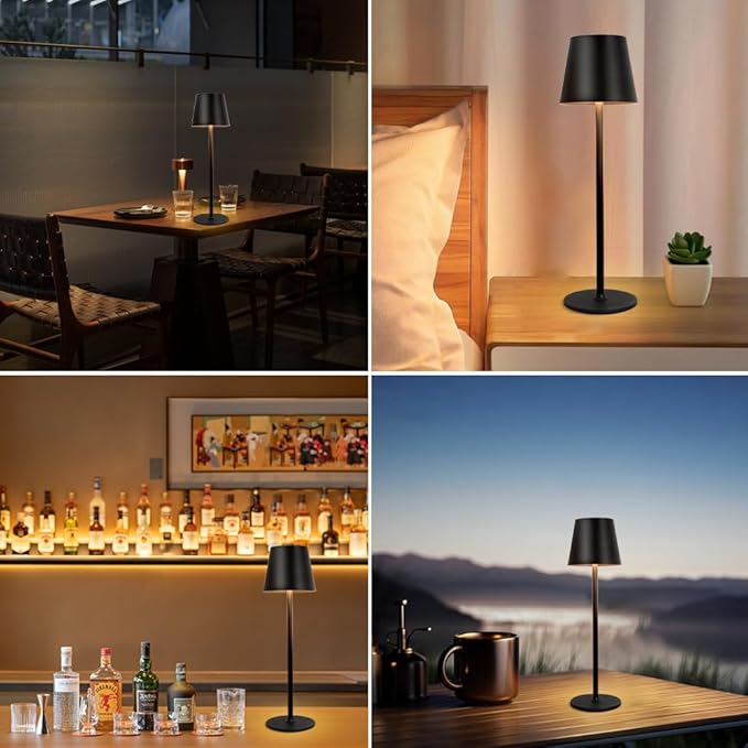 2 Pack Cordless Table Lamps, Rechargeable Portable 5000Mah Battery Operated Lamp, LED 3 Color Stepless Dimming Touch Bedside Lamp, Desk Light For Restaurant, Patio, Bedroom, Outdoor, kitchen-Black
