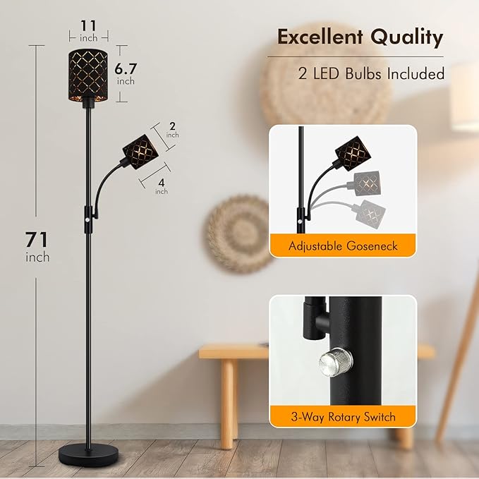 Gothic Black Floor Lamp with Adjustable Reading Light, 71" LED Torchiere Standing Lamp with Gold-Lined Shade, 3-Way Switch, Bulbs Included — Moody Industrial Decor for Bedroom & Living Room