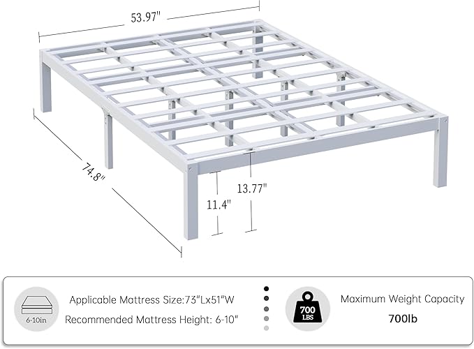 14 Inch Bamboo Bed Frame – Solid Wood Platform Bed Frame, Strong and Stable, with Non-Slip Slats for Support, No Box Spring Needed, Easy to Assemble, Noise-Free (White, Full)