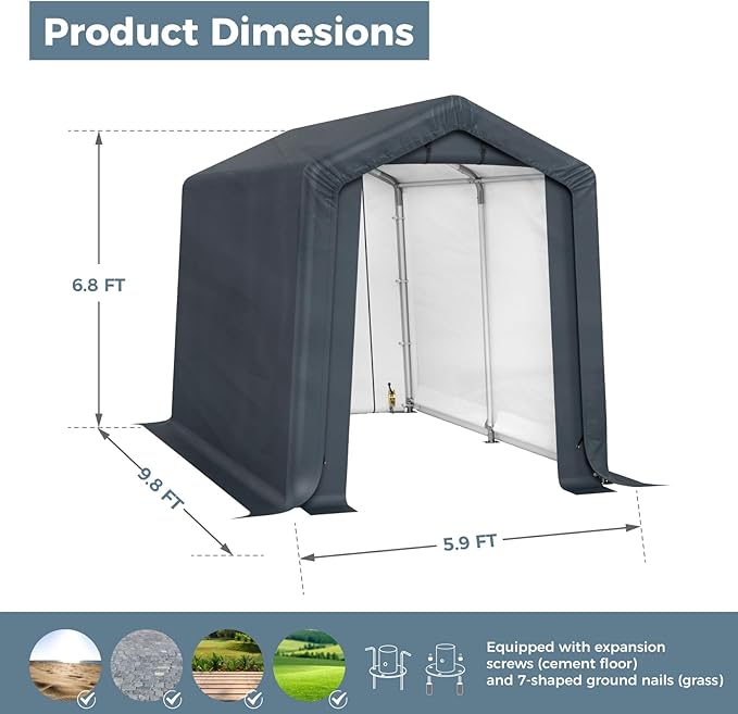 GREEN PARTY Storage Shelter Shed, 6x10 ft Portable Shed Outdoor Carport with Roll-up Zipper Door & Vents, Outdoor Storage Shed Portable Garage for Motorcycle, Bike, Waterproof & UV Protected, Gray