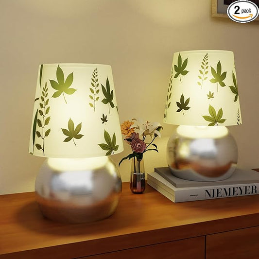 Set of 2 Small Silver Bedside Table Lamp with Maple Leaf Pattern Shade (Bulb Included)