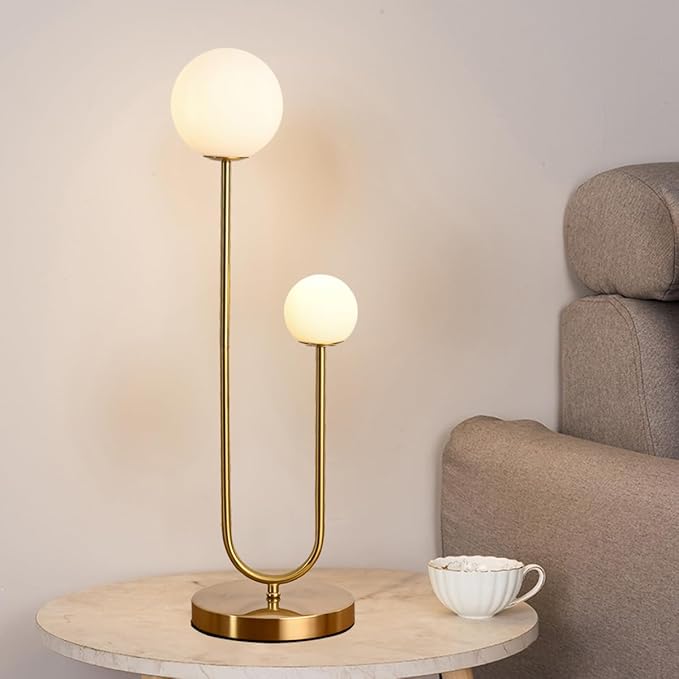 Mid Century Gold Globe Table Lamp Modern U-Shape 2-Light Desk Table Light with Milk White Glass Shade Metal Base Nightstand Lamp for Bedroom Bedside,G9 Bulb(Not Included)