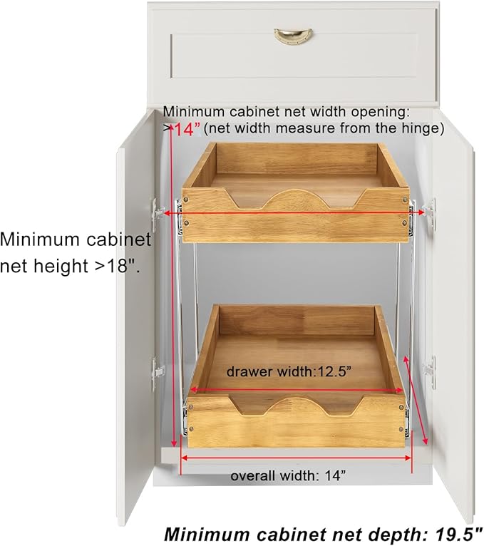 DINDON 2 Tier Pull Out Cabinet Organizer (14" W x 18" D) Slide Out Wood Drawer, Two Tier Sliding Shelf Organization and Storage…