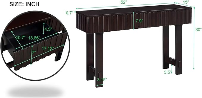 52" Console Table, Solid Wood Fluted Sofa Table Behind The Couch, Mid Century Farmhouse Entryway Table with 3 Drawers for Entrance, Hallway, Living Room, Foyer (Espresso)