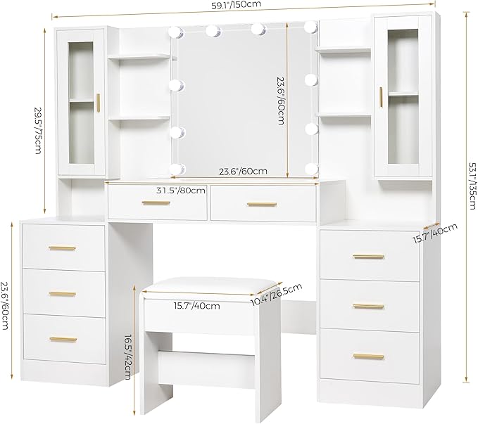 ANWBROAD 59.1" Large Vanity Desk Table with Mirror & Lights White Makeup Vanity with Power Outlet and 8 Drawers 3 Lighting Modes Adjustable Vanity Table for Girl Women Bedroom Dressing Room UBDT67W