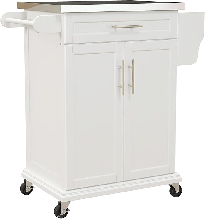 HOMCOM Kitchen Island on Wheels, Rolling Kitchen Cart with Stainless Steel Countertop, Drawer, Towel Rack and Spice Rack, Utility Storage Trolley, Cream White