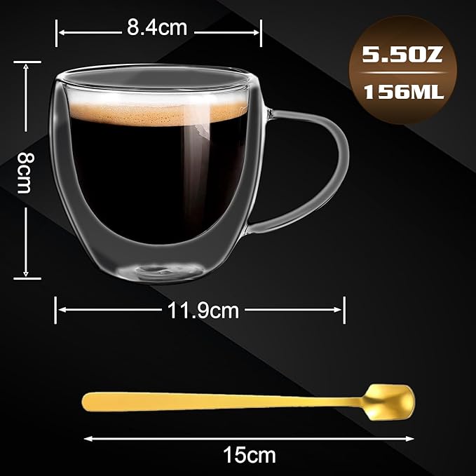 Clear Glass Coffee Cups with Spoons in a Luxurious Gift Box Set of 4 Pieces - 5.5oz in Sizes Double Wall Insulated Reusable Cups for Home Cafe Restaurant - Best Gift for Coffee Lovers