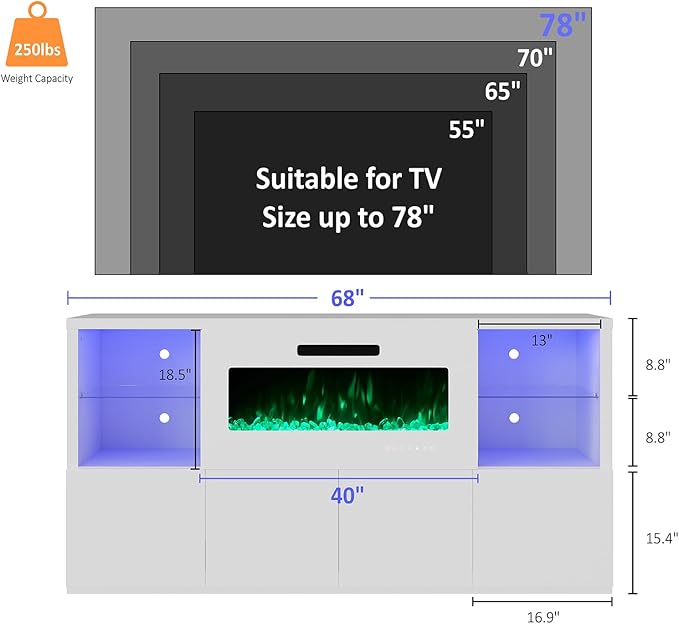 68" Modern Fireplace TV Stand for TVs up to 75", High Gloss Entertainment Center with 40" Fireplace, 4 Shelves & Storage Cabinets, Media Console Table, All Gloss White