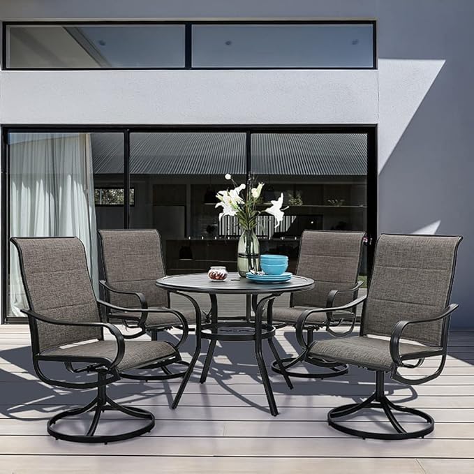PHI VILLA Patio Dining Set 5 Piece, 4 Padded Textilene Swivel Patio Chairs and 1 Round Metal Table with 1.57" Umbrella Hole, All Weather Resistant for Lawn Garden