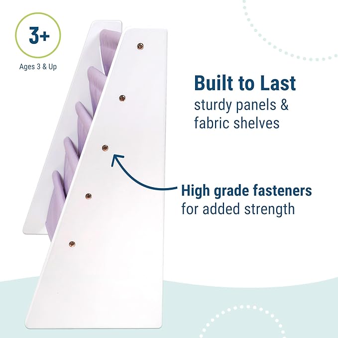 Wildkin Wooden Sling Bookshelf for Kids – Premium Canvas Design with 4 Fabric Shelves, Organizer for Home or Classroom - White w/Lilac