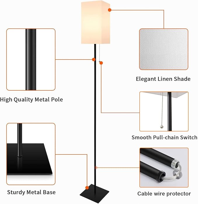 Floor Lamp for Living Room, Modern Standing Lamp Tall Lamp with Linen Shade, Simple Design Stand Up Lamp for Bedroom, Office, Kids Room, Reading, Working,Black (LED Bulb Included)