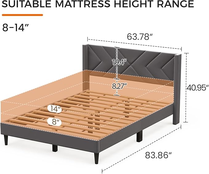 Casaottima Queen Bed Frame Upholstered Platform Bed with Wingback Headboard, Sturdy Wooden Slats Support, Noise-Free Mattress Foundation, No Box Spring Needed, Easy Assembly, Arrow Pattern Smoky Grey