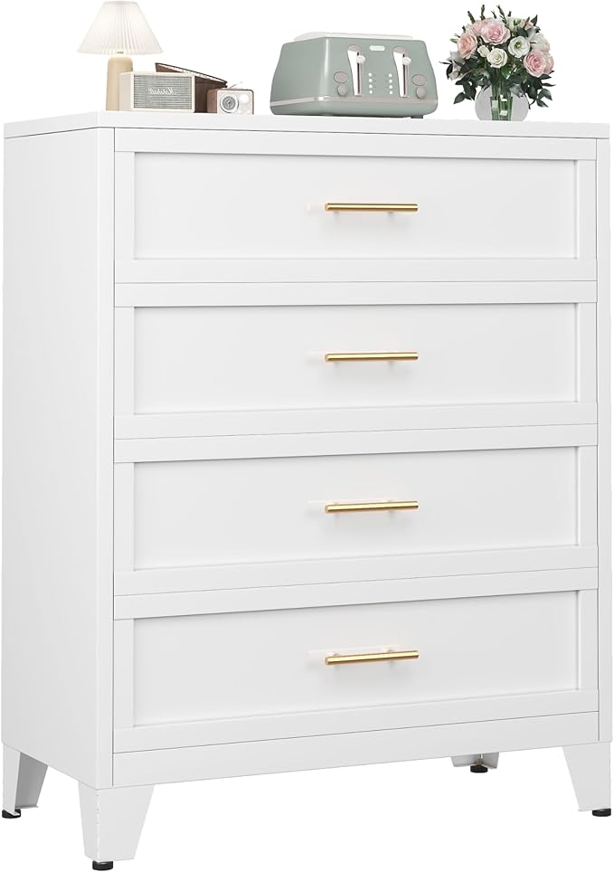 Metal Dresser Tall White Dresser for Bedroom Chest,43.11" H Drawer Chest, Closet Dressers & Chests of Drawers for Living Room, Hallway (4 Drawers)