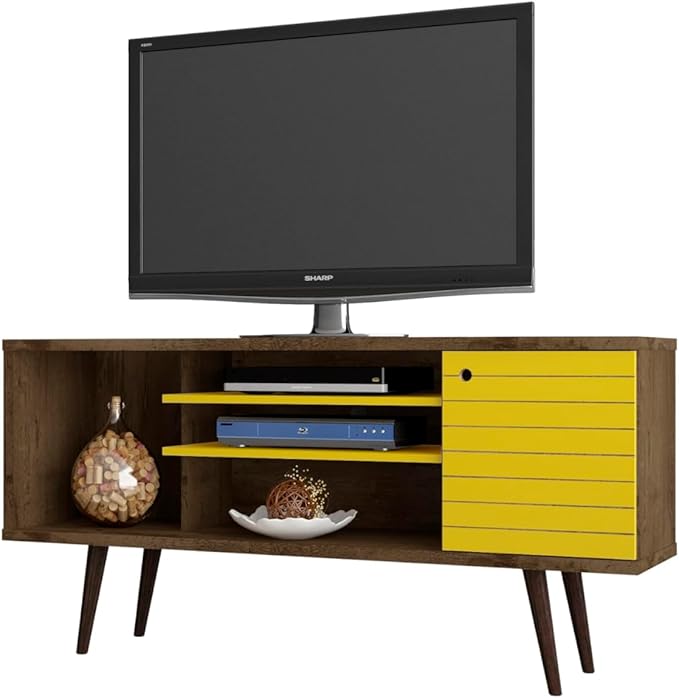 Manhattan Comfort Liberty Mid Century Modern TV Stand for Televisions up to 50 Inches, Bedroom and Living Room Entertainment Center with Storage, Shelves, and Cabinet, 53" Wide, Rustic Brown/Yellow