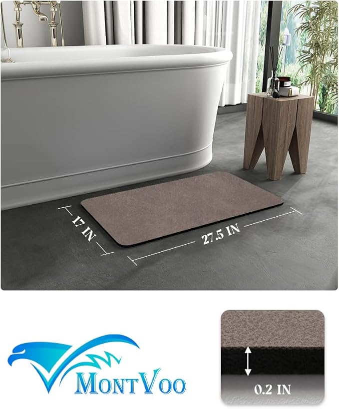 MontVoo -Bath Mat Rug-Rubber Backing Non Slip Quick Dry Absorbent Thin Bathroom Rugs Fit Under Door-Faux Suede Surface Bathroom Floor Mats-Shower Rug for in Front of Bathtub Shower Brown 17"x27.5"