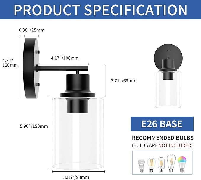 GORDNWE 1-Light Bathroom Wall Sconce, Matte Black Vanity Light, Modern Wall Light Fixture with Clear Glass Shade and E26 Bulb Base, Wall Lamp Wall Mount Light Fixtures for Mirror, Bedroom, Hallway