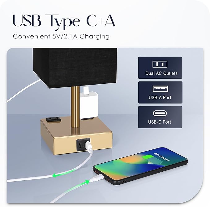Bedside Lamp with USB Ports - Touch Control Table Lamp for Bedroom with USB C+A Charging Ports & AC Outlets, 3 Way Dimmable Nightstand Light for Living Room (LED Bulb Included, Brass - Black)
