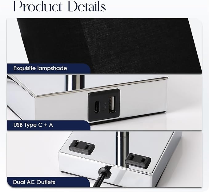 Bedside Lamp with USB Ports - Touch Control Table Lamp for Bedroom with USB C+A Charging Ports & AC Outlets, 3 Way Dimmable Nightstand Light for Living Room (Bulb Included, Black)