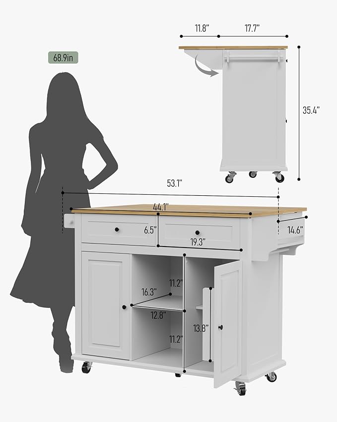 Rolling Kitchen Island Cart with Drop Leaf, Large Kitchen Island on Wheels with Storage and 2 Drawers, Mobile Island for Kitchen with Rubber Wood Countertop, Towel Rack (White, Large)