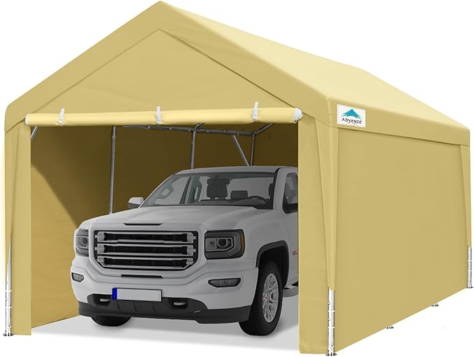ADVANCE OUTDOOR 12x20 ft Heavy Duty Carport Garage Shelter, Adjustable Height (6.5-11ft) Waterproof Canopy with Removable Sidewalls for Cars, RV, Boat, Truck, Party - Beige