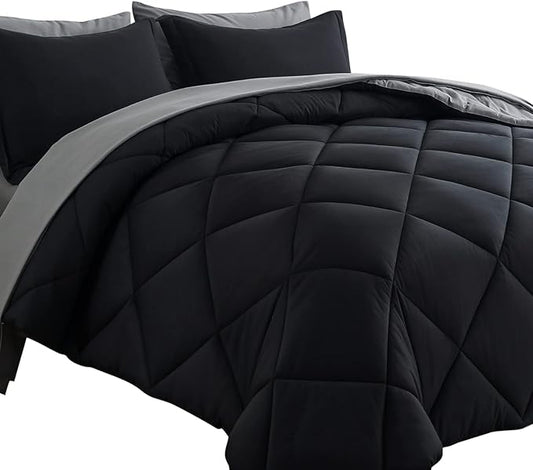 Cosybay Bed in a Bag Queen Reversible Comforter Sets 7pcs All Season Down Alternative Bedding Sets Black and Grey with Comforter, Pillow Shams, Flat Sheet, Fitted Sheet and Pillowcase