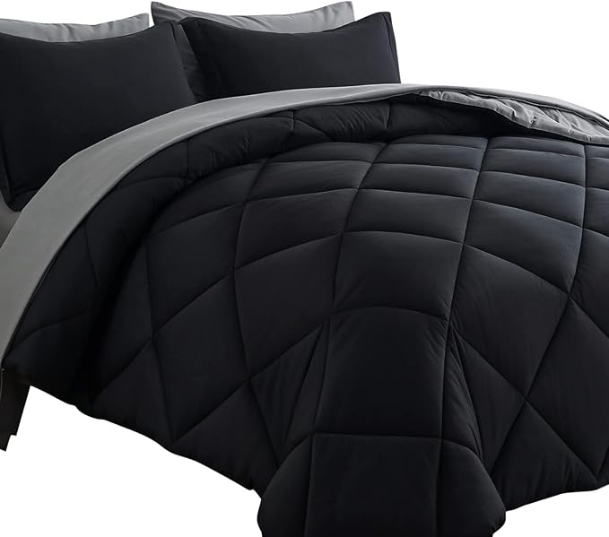 Cosybay Bed in a Bag Full Reversible Comforter Sets 7pcs All Season Down Alternative Bedding Sets Black and Grey with Comforter, Pillow Shams, Flat Sheet, Fitted Sheet and Pillowcase