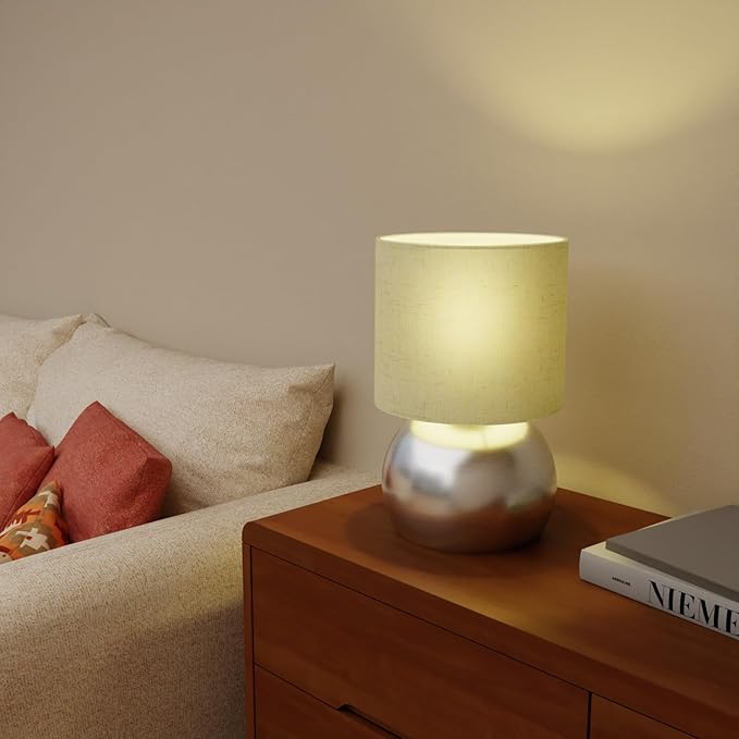 Set of 2 Small Silver Spherical Base Bedside Table Lamp with Textured Linen Shade (Bulb Included)