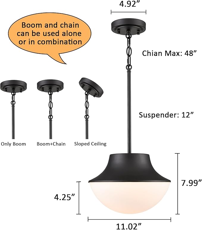 Mid Century Farmhouse Pendant Lighting for Kitchen 11.02" Matte Black Pendant Lights Kitchen Island with Milk Glass White Bowl Shade Over Sink Bathroom Dining Room Foyer……