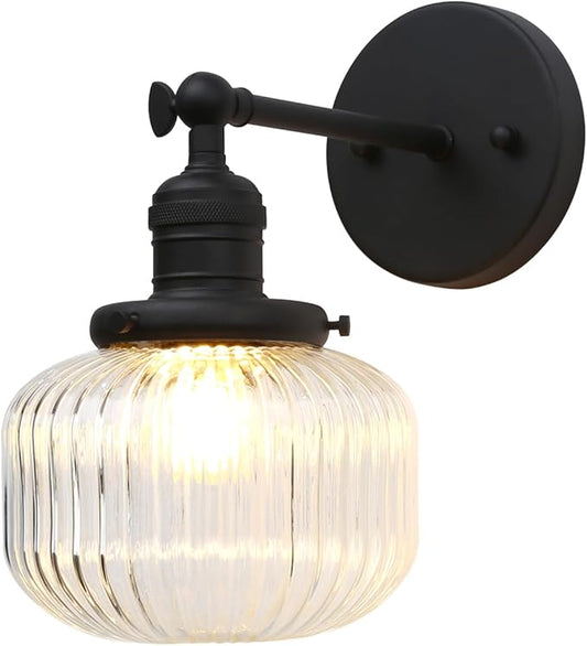 Industrial Vintage Wall Sconce 1-Light with Clear Striped Glass Globe Shade Indoor Wall Mounted Lamp Fixture (Black)