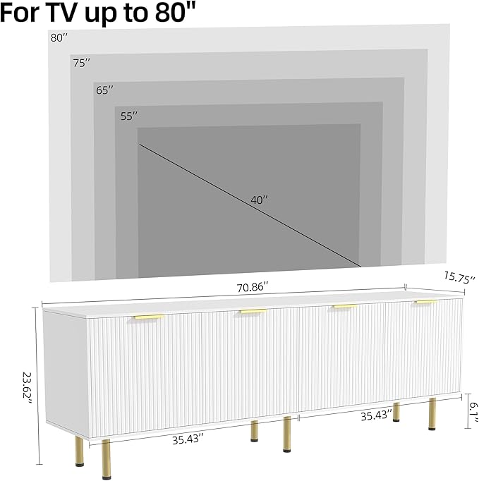 White TV Stand for TVs up to 80 Inch,Mid Century Modern TV Console,TV Stands for Living Room & Bedroom,Entertainment Center with Storage,Entertainment Stand,TV Cabinet for 55,60,65,70,72,75,80 Inch TV