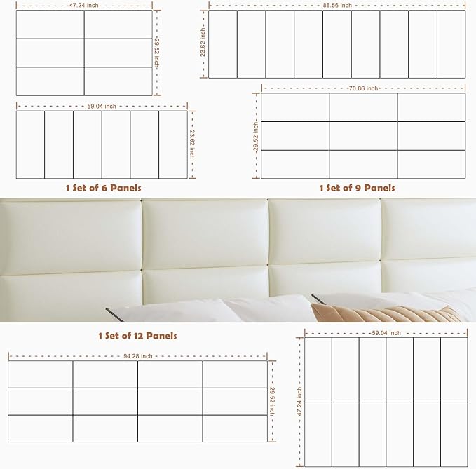 IFNOW Wall Mounted Upholstered Headboard King, 3D Peel and Stick Soundproof Wall Panels, Reusable and Removable Padded Headboard Leather Bed, 12 Panels 9.84" x 23.62", Beige