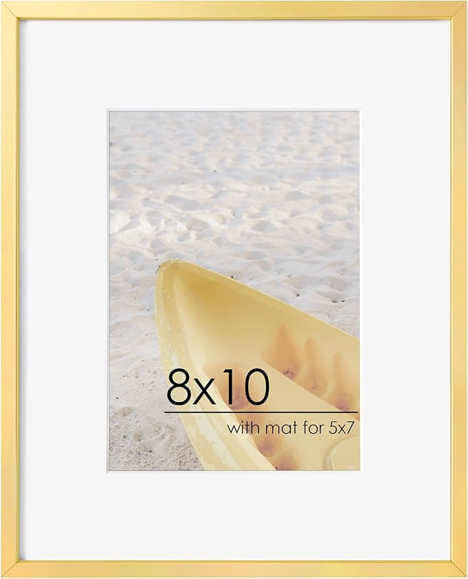 8x10 Picture Frame - Metal Frame With Mat 5x7 | 8 x 10 Aluminum Photo Frame | Plexiglass And Hanging Hardware Included | Black 8x10 Picture Frame | Gold
