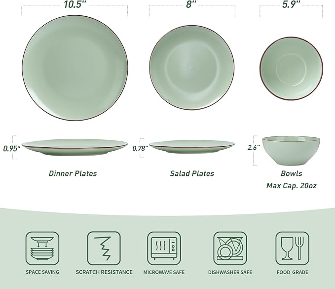 Famiware Venus Plates and Bowls Sets, 12 Pieces Stoneware Speckled Dinnerware Sets, Dishes Set for 4, Microwave and Dishwasher Safe, Matte Light Green