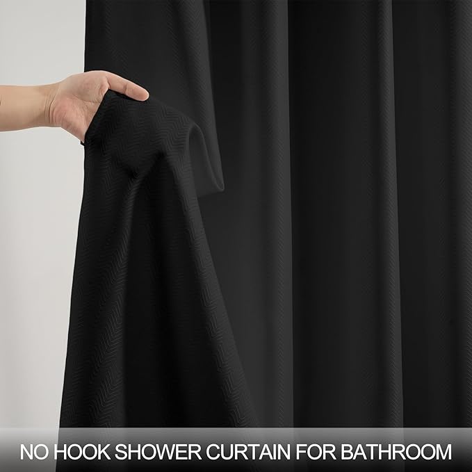 No Hook Shower Curtain with Snap in Fabric Liner Set, Black Chevron Shower Curtain for Bathroom, Washable and Water Repellent, See Through Mesh Top Window, 71x74 Inches