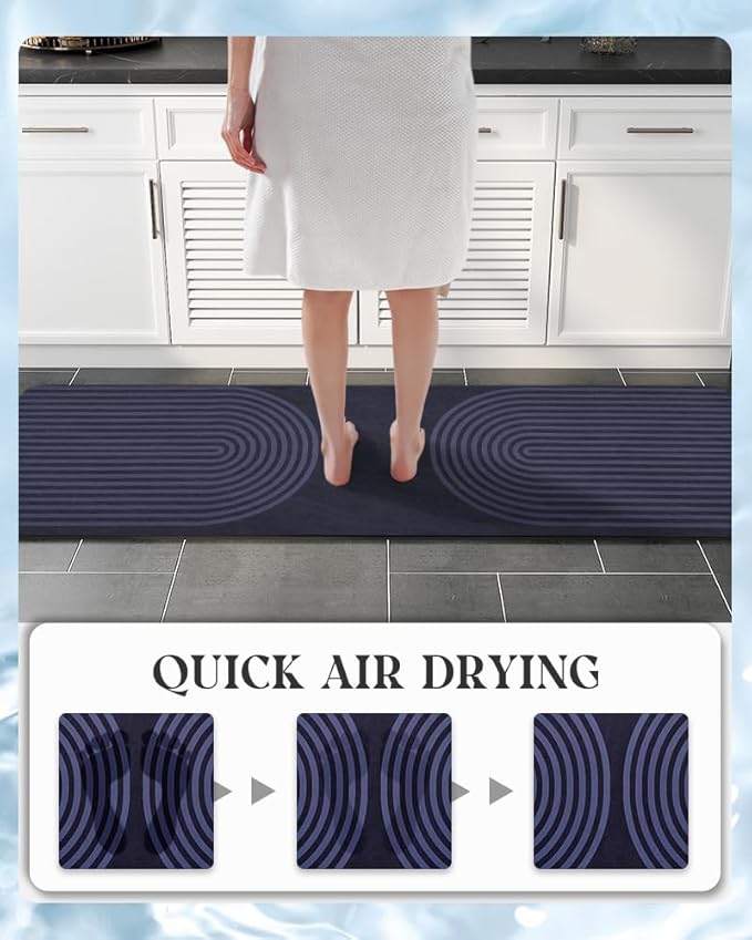 MontVoo -Bath Mat-Non Slip Thin Bathroom Rugs Fit Under Door- Quick Dry Absorbent Faux Suede Surface Grey Bathroom Floor Mats-Shower Rug for in Front of Bathtub Shower Blue Arched 17x59