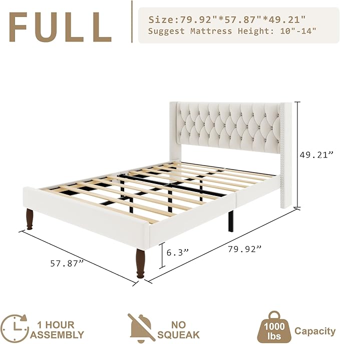 Full Size Velvet Upholstered Bed Frame, 49.2" Tall Wingback Headboard, Deep Button Tufted, No Box Spring Needed, Solid Wood Legs, White