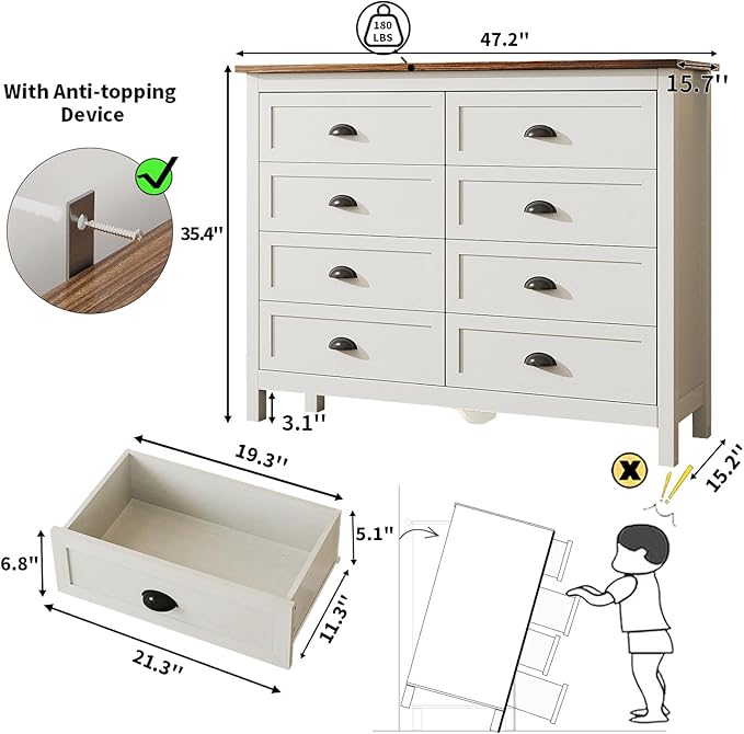 Farmhouse White Dresser for Bedroom, Wide Wood Dressers & Chests of Drawers, Modern 8 Drawer Double Dresser for Bedroom with Vintage Black Handle, 8 Drawer Dressers for Hallway, Antique White