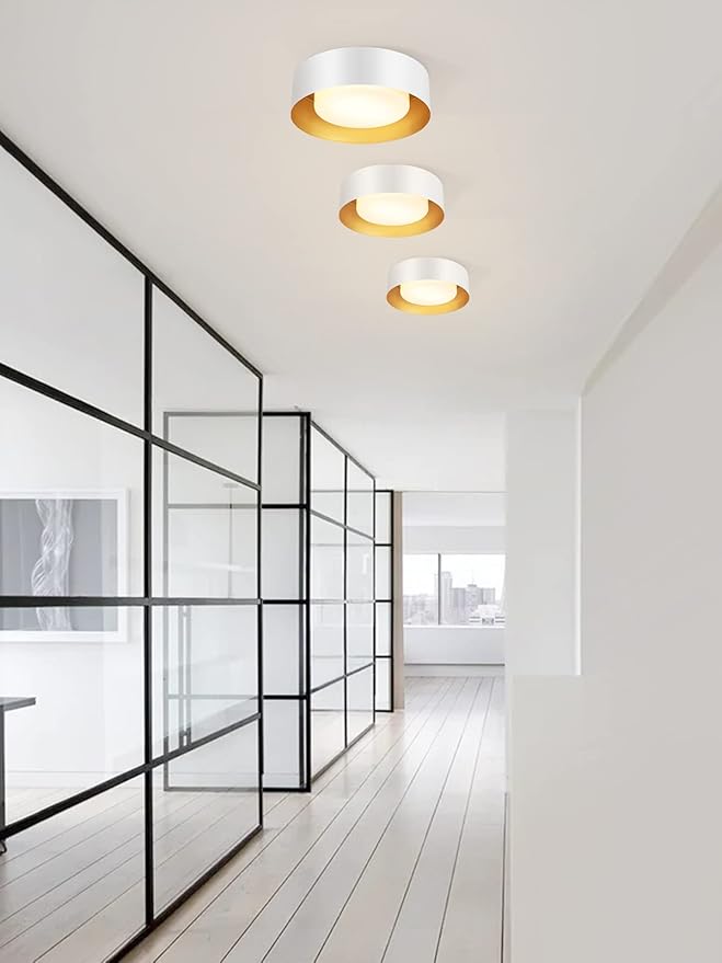 Modern White and Gold Flush Mount Ceiling Lights, Glass Round Ceiling Lighting, Minimalist Drum Close to Ceiling Light Fixtures for Bedroom, Dining Room, Bathroom, Hallways, Living Room